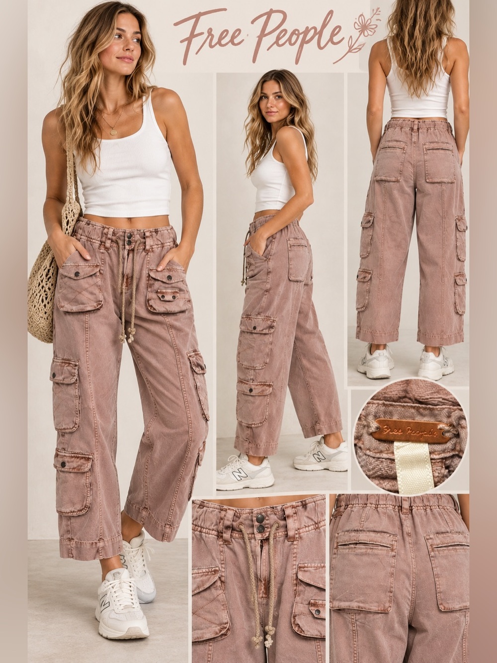 Free People Utility Cargo Pants Mauve Dust Pink Cotton Drawstring Pocket M